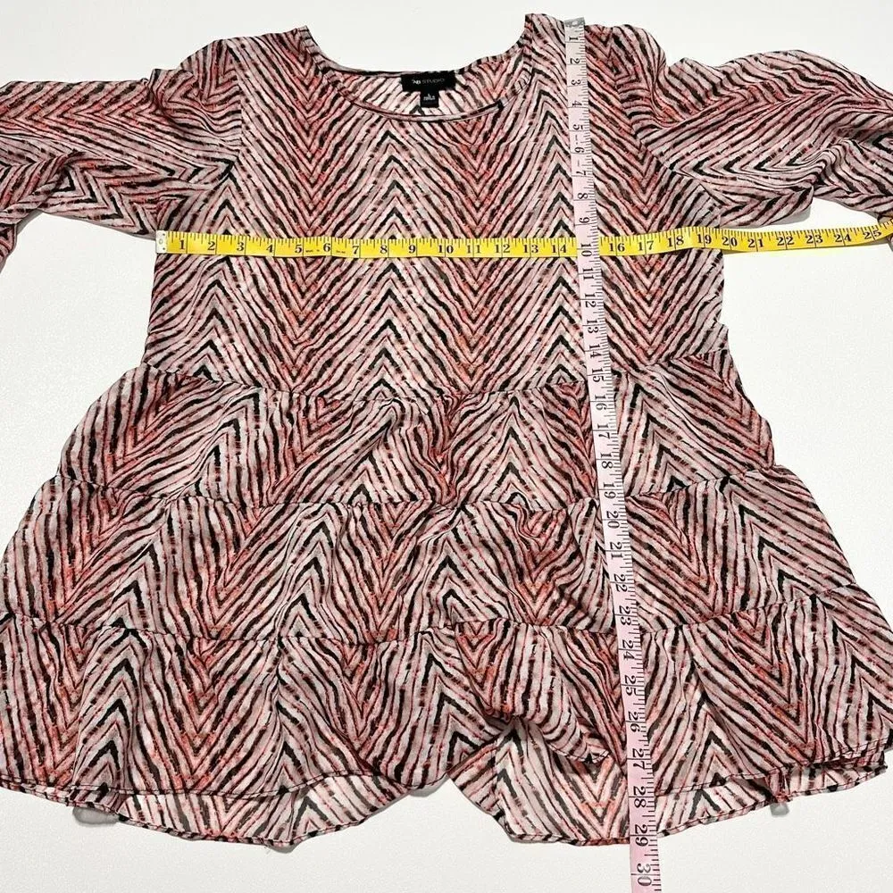 AB Studio Sheer Striped‎ Tiered Blouse Top Long Sleeves Black Red Size Large - Image 4