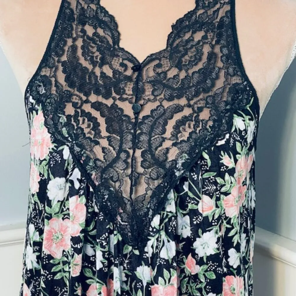 Vintage Vasserette Lingerie Slip Dress Black/Pink Lace Floral Made in USA Small - Image 2