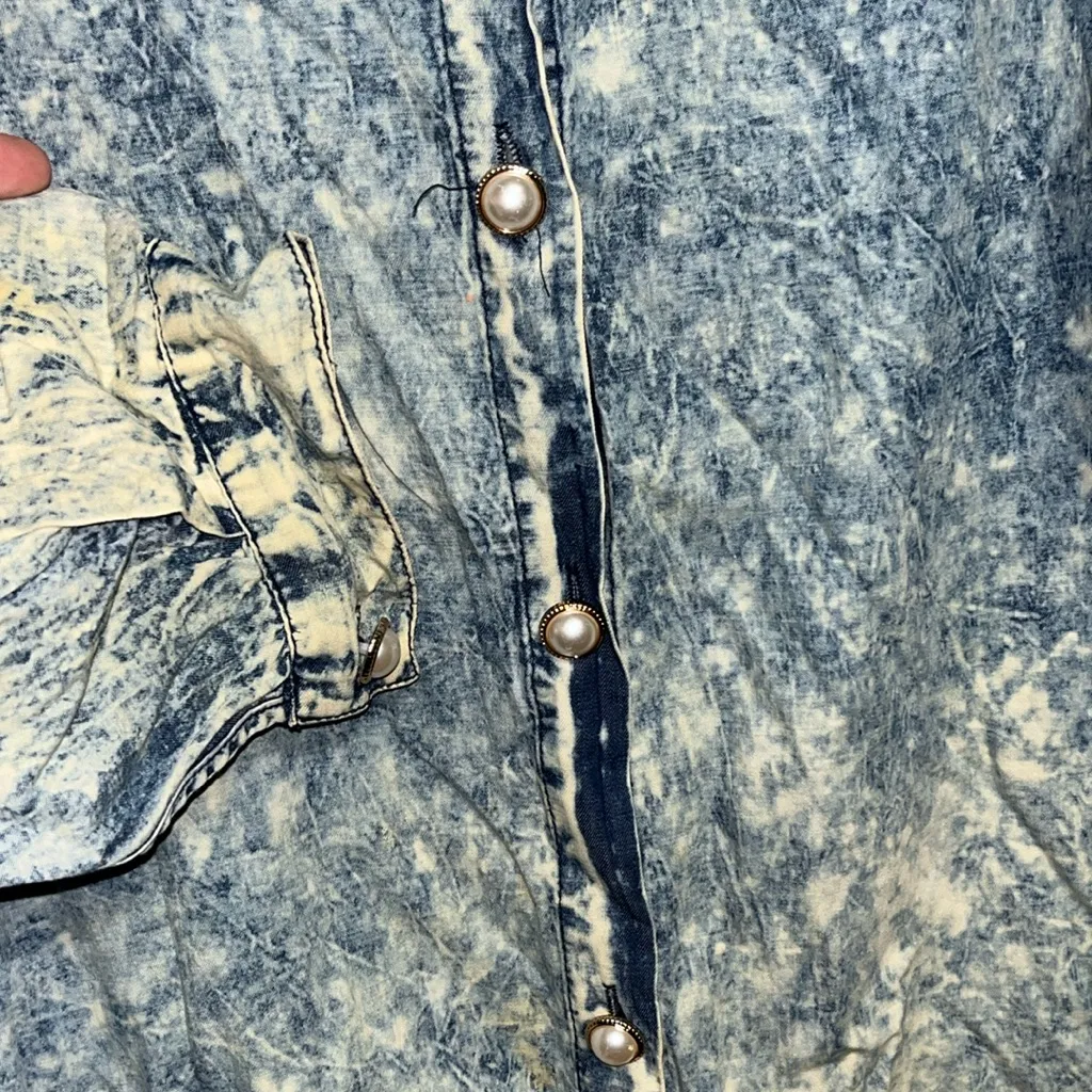 Vintage Denim Shirt Dress Faux Pearls Plus 2X - Image 5