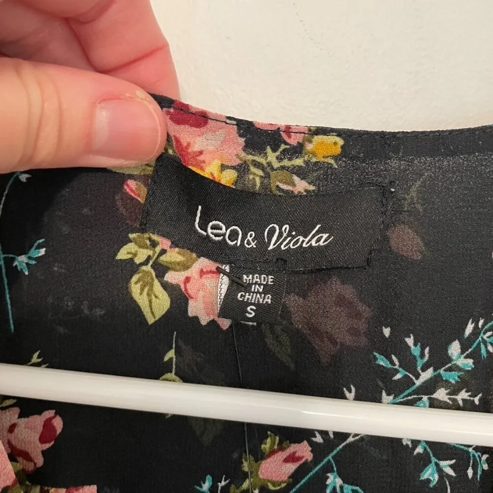 NEW NWT LEA VIOLA Shirred Floral Mini Dress Black Pink Multi Ruched Bodycon S - Image 6