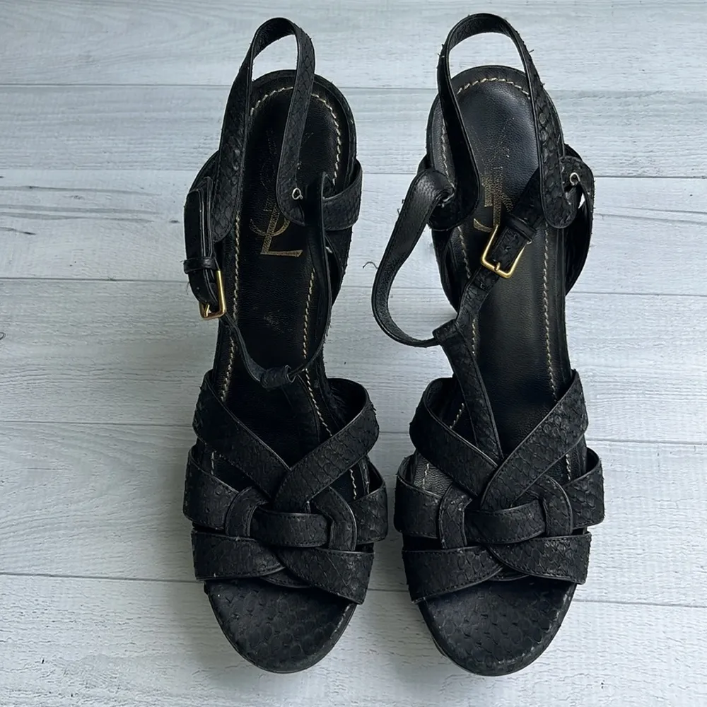 YSL Black Leather Python Tribute Platform Heels Size 9.5 - Image 2