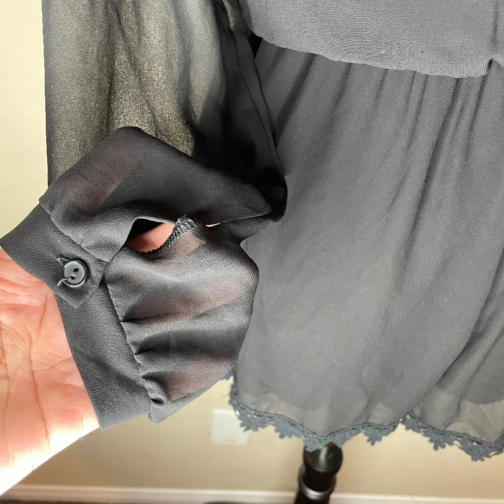 Black Sheer Long Sleeve Floral Crochet Pleated Shorts Romper Boho Sz Med - Image 6