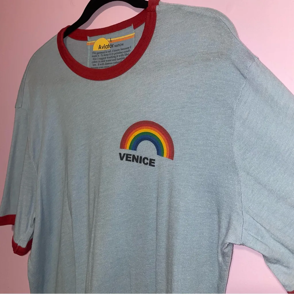 Aviator Nation Venice Rainbow Ringer Tee Men Size L Casual Retro Collegiate - Image 2