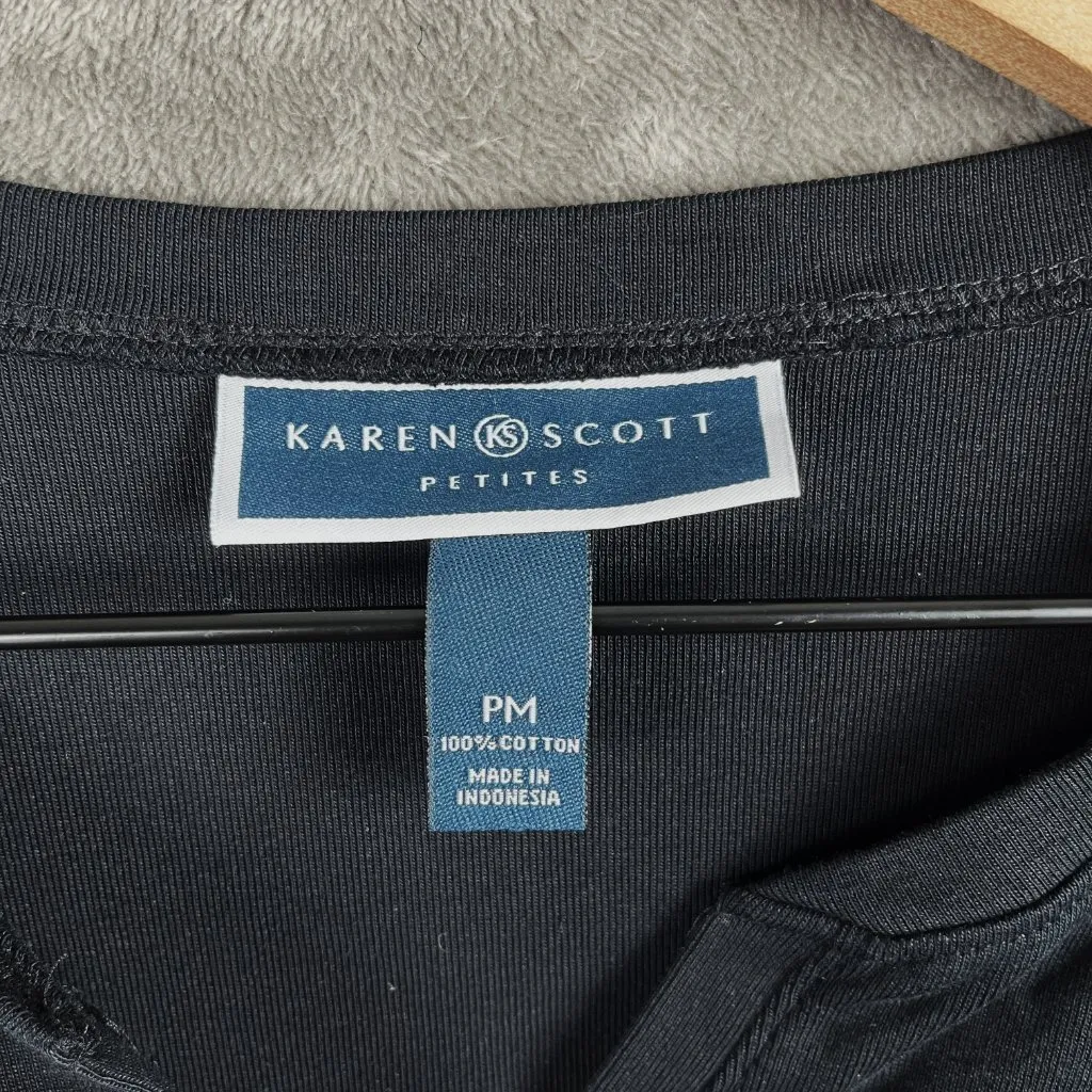 Karen Scott Henley Top Women’s Petite Medium Black Cotton Short Sleeve - Image 3