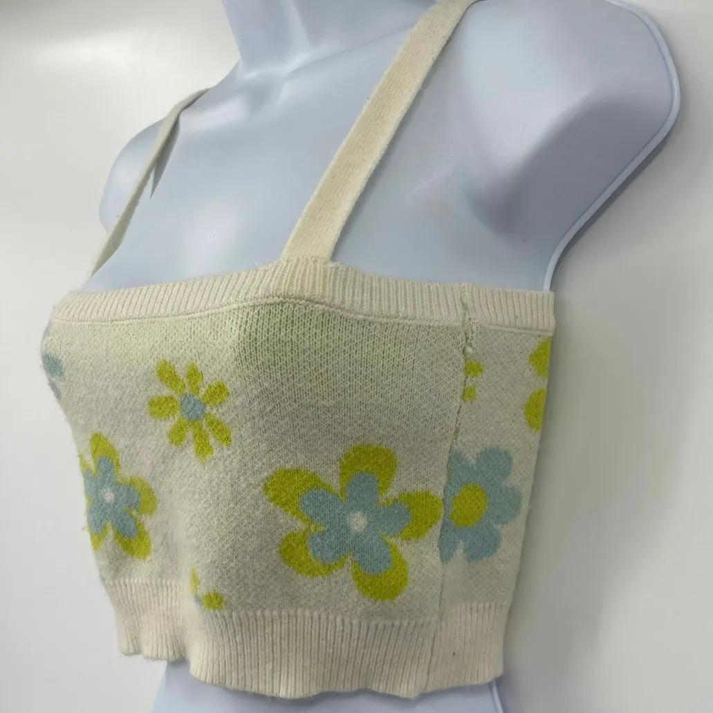 Witty Fox Cropped Floral Y2K Women Top Sz S Cottagecore 70s Hippie Daisy Knit Blue - Image 4