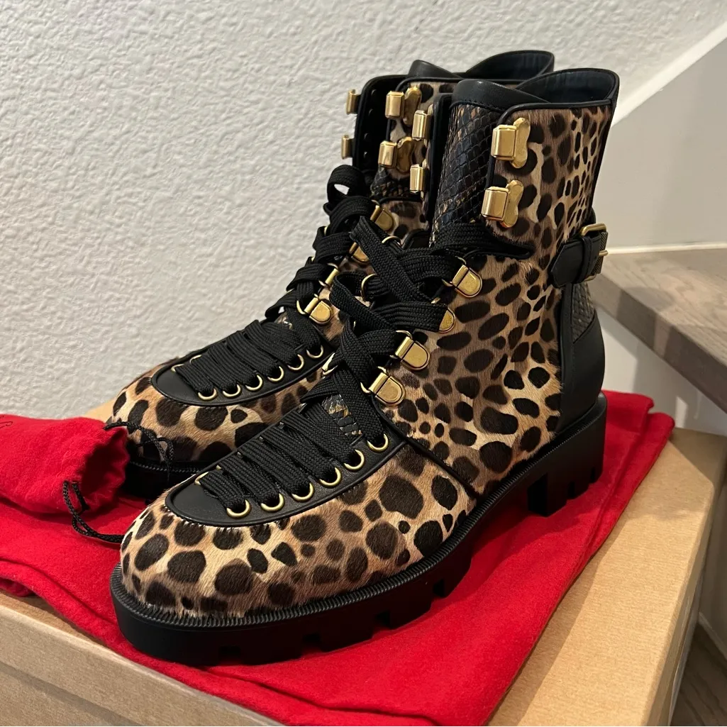 NWT Christian Louboutin Macademia Cheetah Print Calf Hair Combat Boots - Image 6