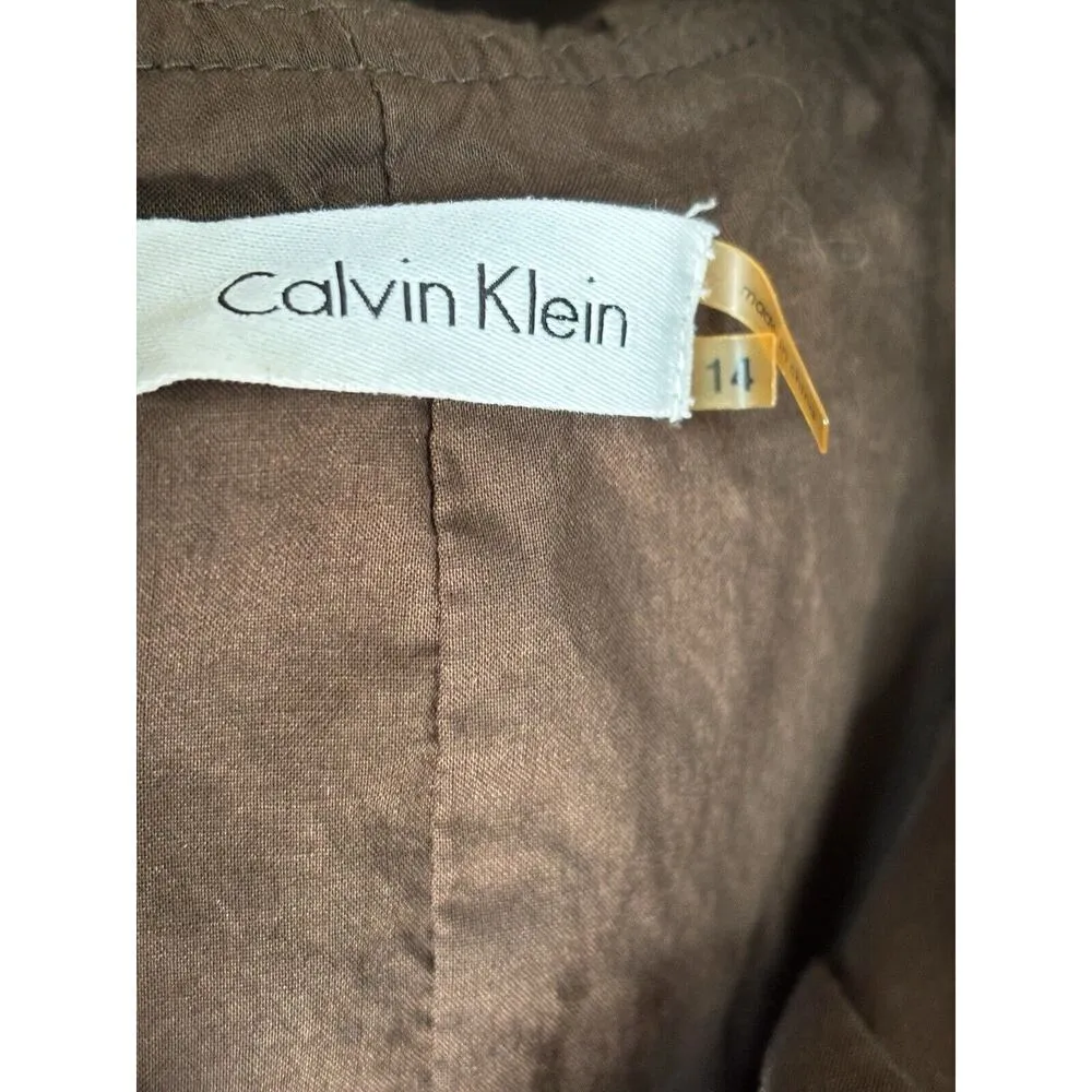 Calvin Klein Sleeveless Ruffle V-Neck Ruched Bodice Brown Cotton Dress Womens 14 - Image 6