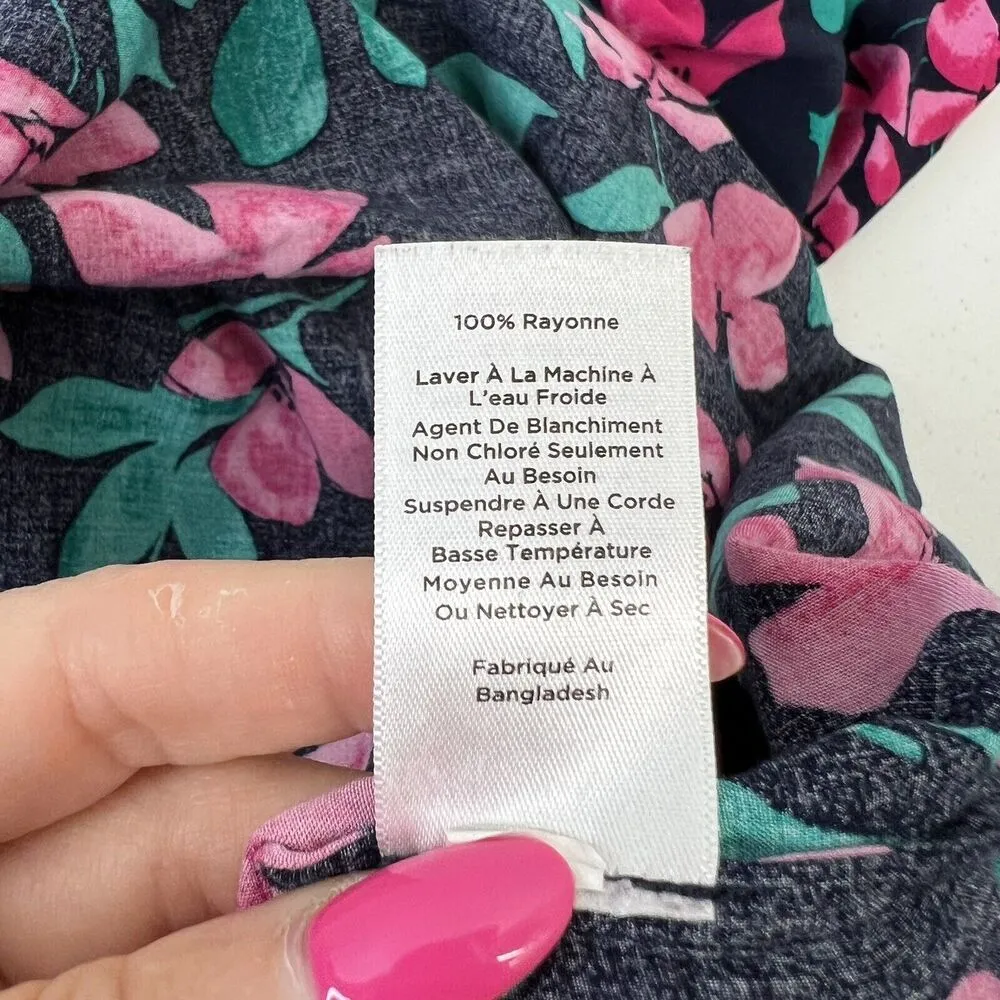 Talbots Woman Sz L Tunic Top Floral Navy Pink Popover V Neck Long Sleeve Blouse - Image 8