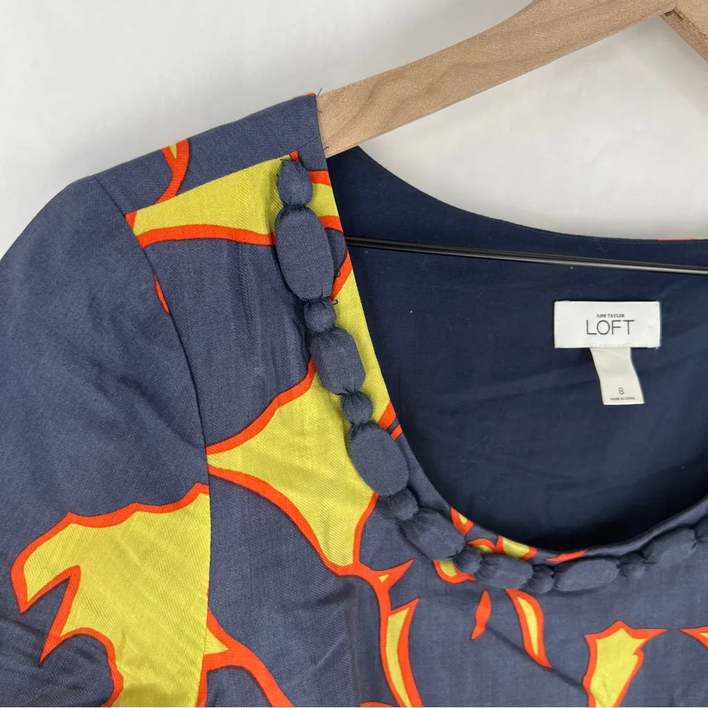 LOFT Navy Green Orange Cotton Blend‎ Tropical Floral 3/4 Sleeve Shift Dress 8 - Image 4