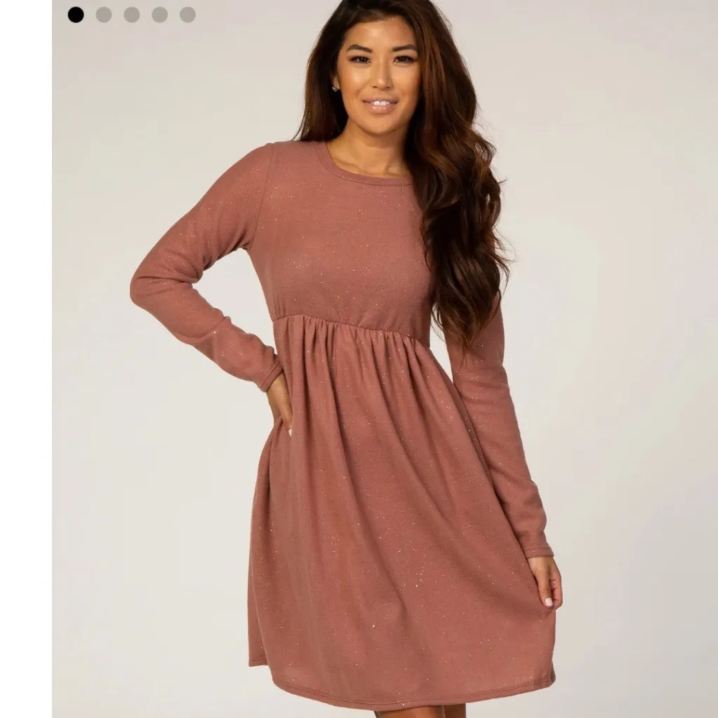 Pink Blush Rust Glitter Long Sleeve Soft Empire Waist Mini Dress Women Large Brown - Image 2