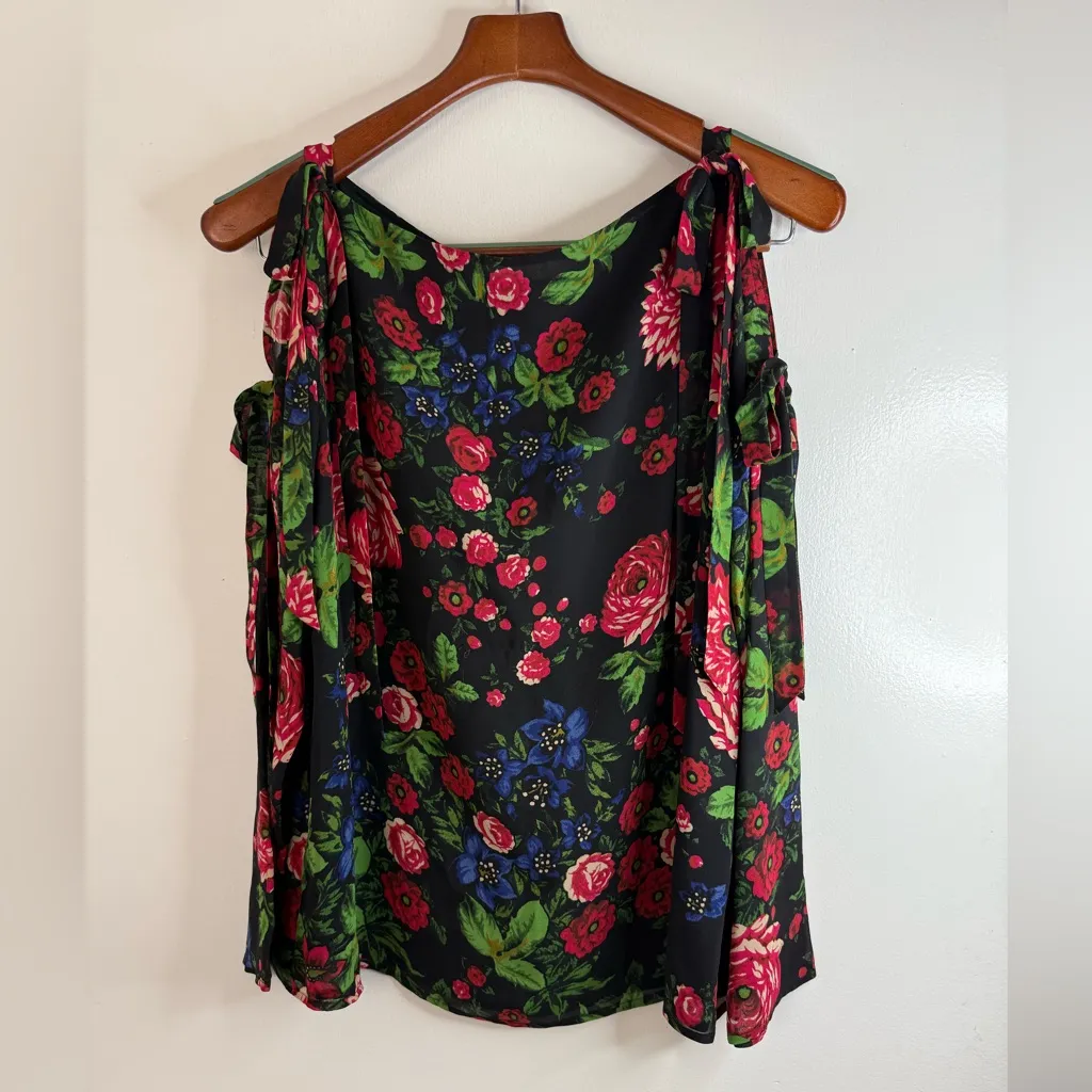 Club Monaco black, red, green, blue, cold shoulder tie sleeve silk top blouse M - Image 3