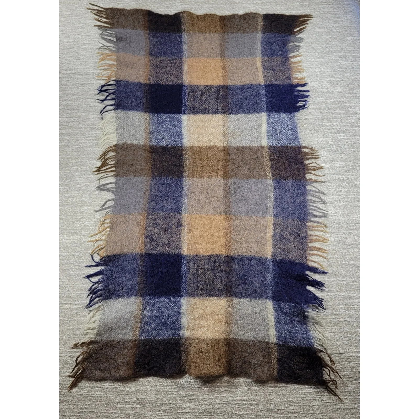 Avoca Hand Weavers Lap Blanket Scarf Shawl Brown Blue Wool Mohair Plaid Fringe Tan - Image 14
