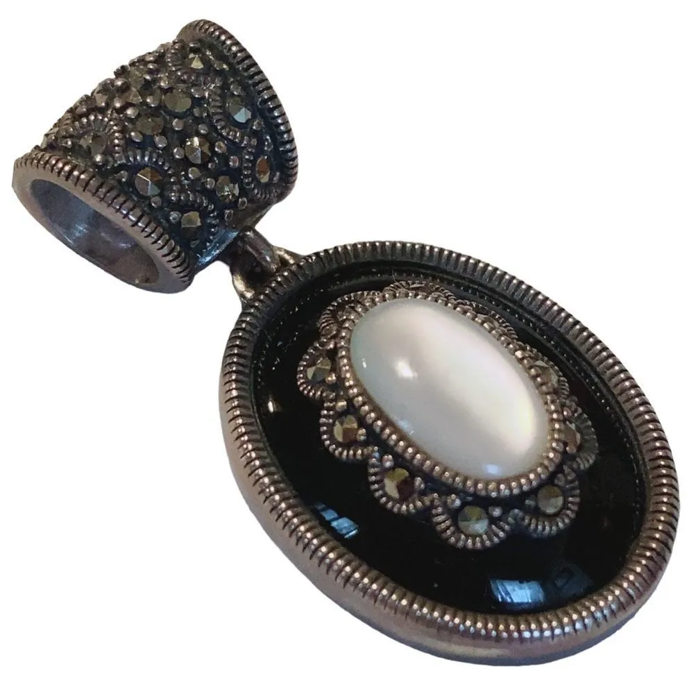 Vintage Onyx + Mother of Pearl Oval Shape Marcasite Slide Pendant - Image 3