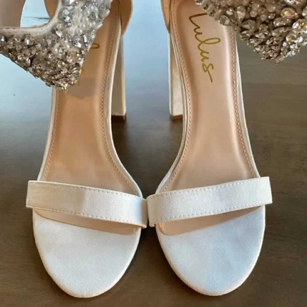 Lulus Dannah High Heels 11 White Suede Rhinestone Pearl Sandals Wedding Bridal - Image 5