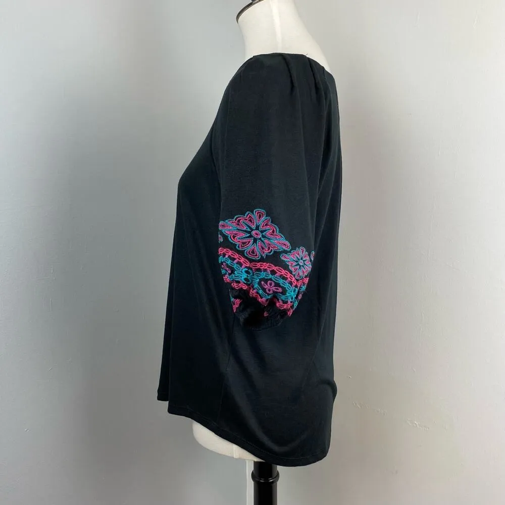 Floral Embroidered Puff Sleeve Blouse Top Telluride Clothing Medium Black - Image 7