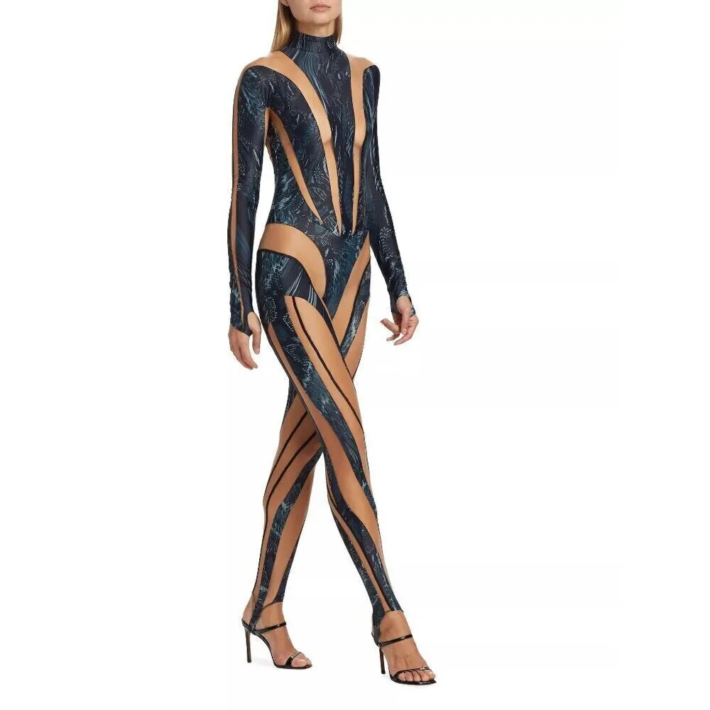 MUGLER Womens Long Sleeve Jumpsuit in Warped Snake Black Nude 34 New Catsuit Size undefined - Image 14