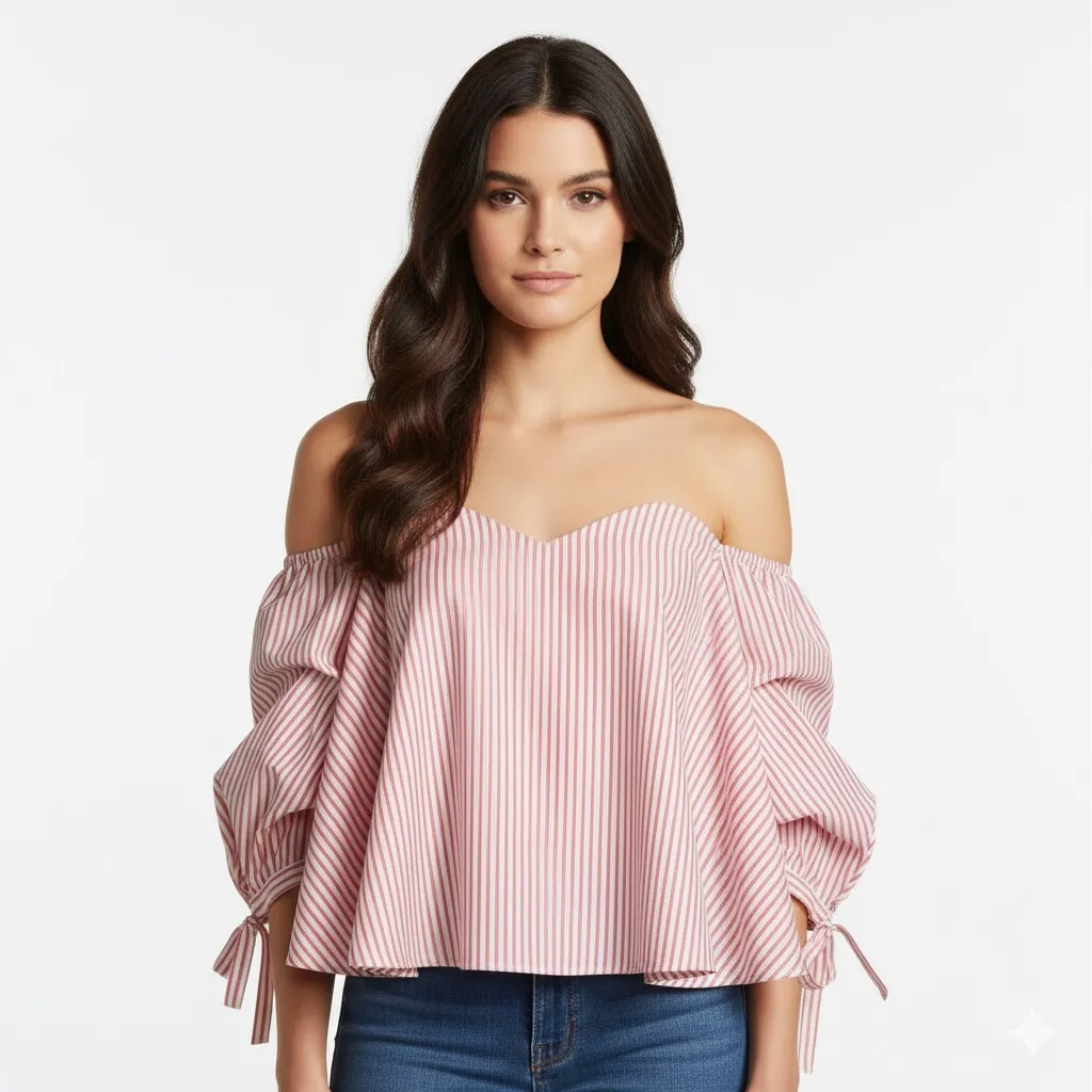 Caroline Constas Coral Stripe Gabriella Off Shoulder Top Sweetheart Neckline White Size M - Image 5