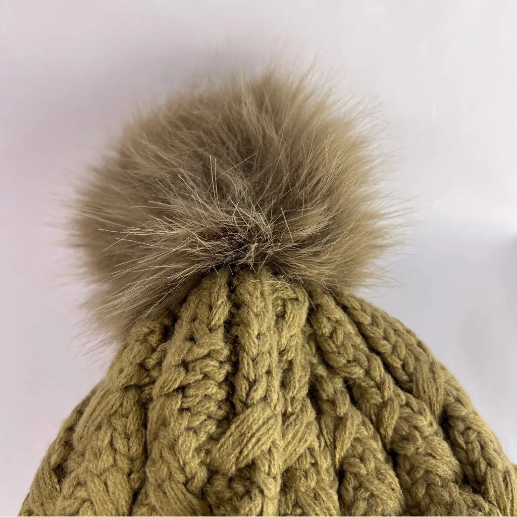 Page One Olive Cable Knit Beanie Faux Fur Pom Fleece Lined Winter Hat Green - Image 4