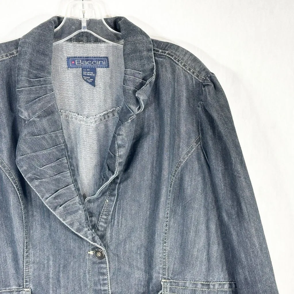 Baccini Plus Size 2X Denim Jacket Dark Blue Jean Belted Button Up‎ Pockets 747 - Image 4