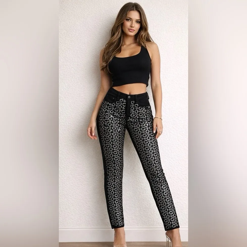 GUESS Black High Rise Jeans with Silver G Logo - Image 3