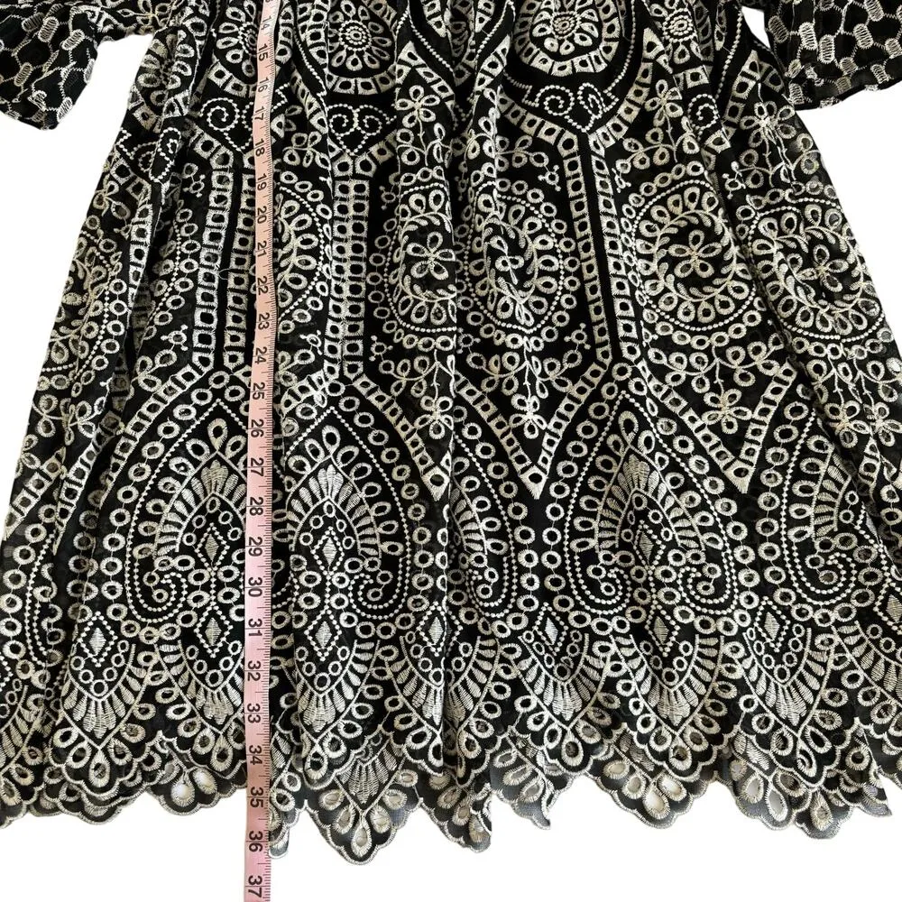 AKEMI + KIN Anthropologie Black Eyelet Boho Embroidered Mini Dress Size 2 - Image 7