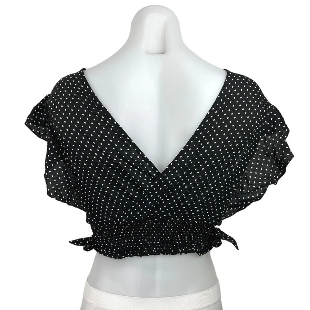 Free People Black White Polka Dots Ruffle Flutter Sleeve V Neck Cropped Top Sz S - Image 2