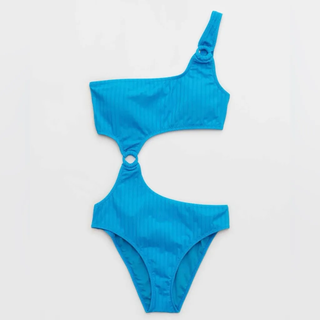 Aerie Wide Rib Cut Out One Shoulder Ring One Piece Swimsuit elite blue sz L NWT - Image 3