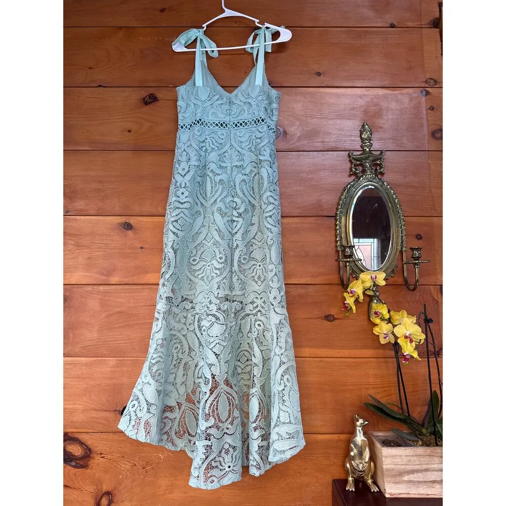 NWOT Lulus Won Your Heart Sage Green Lace Tie-Strap High-Low Midi Dress Size L - Image 4