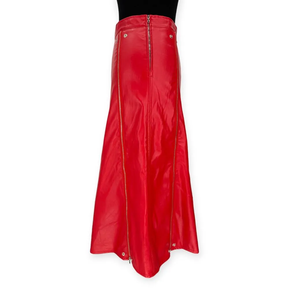 Beulah | NWT | L | Faux Red Leather Zipper Pleats High Waist A-Line Midi Skirt - Image 5
