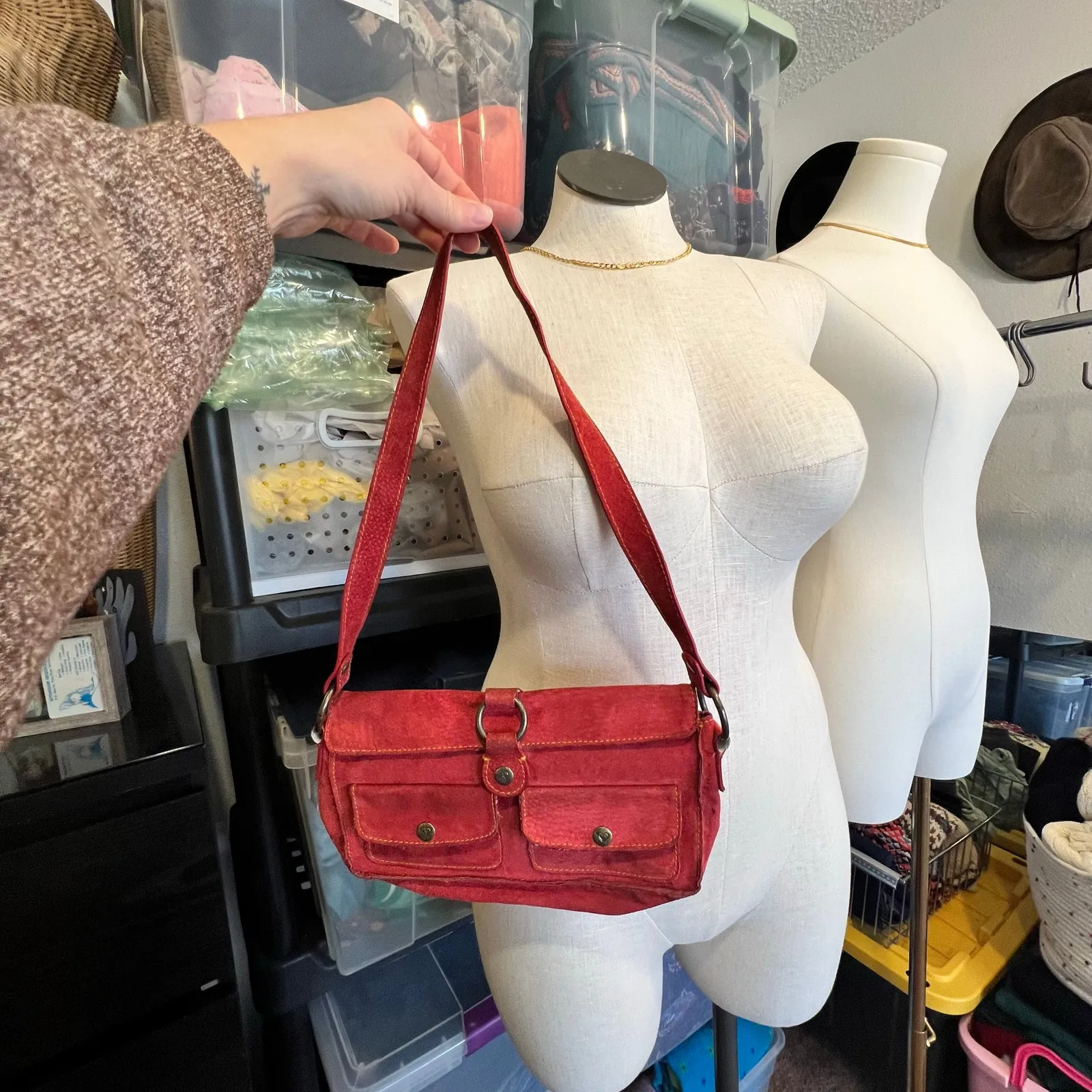 Roxy Y2K Vintage Suede Genuine Leather Small Multi Pocket Shoulder Bag - Image 5