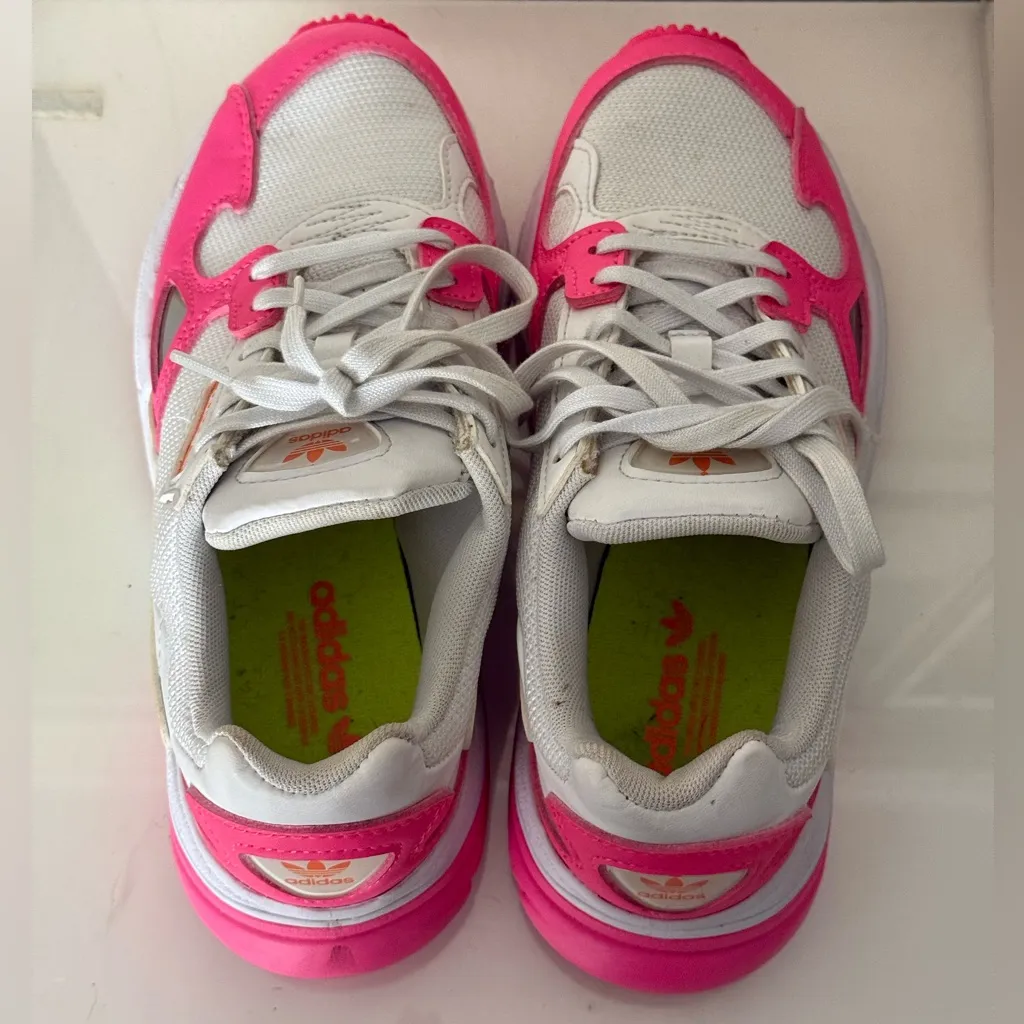 Adidas Women's Original Falcon Sneaker, Shock Pink/Solar Yellow/White size 6 - Image 7