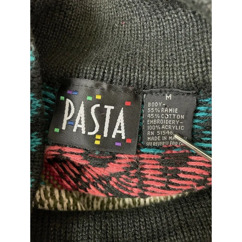 Vintage Pasta Ramie Cotton Aztec Knit Sweater Multicolor Size Medium FLAW - Image 6