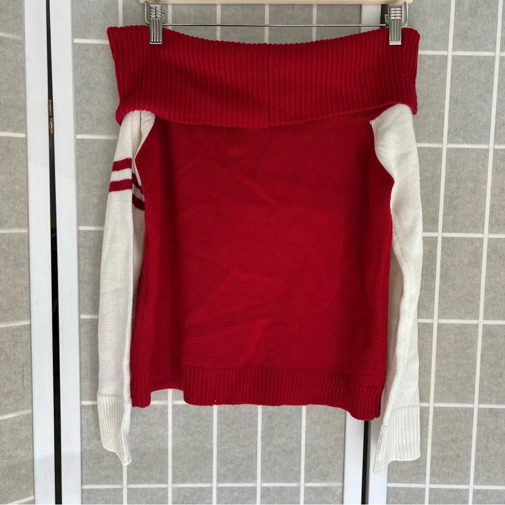 off shoulder sweater ribbed knit color block red white Small - Image 3