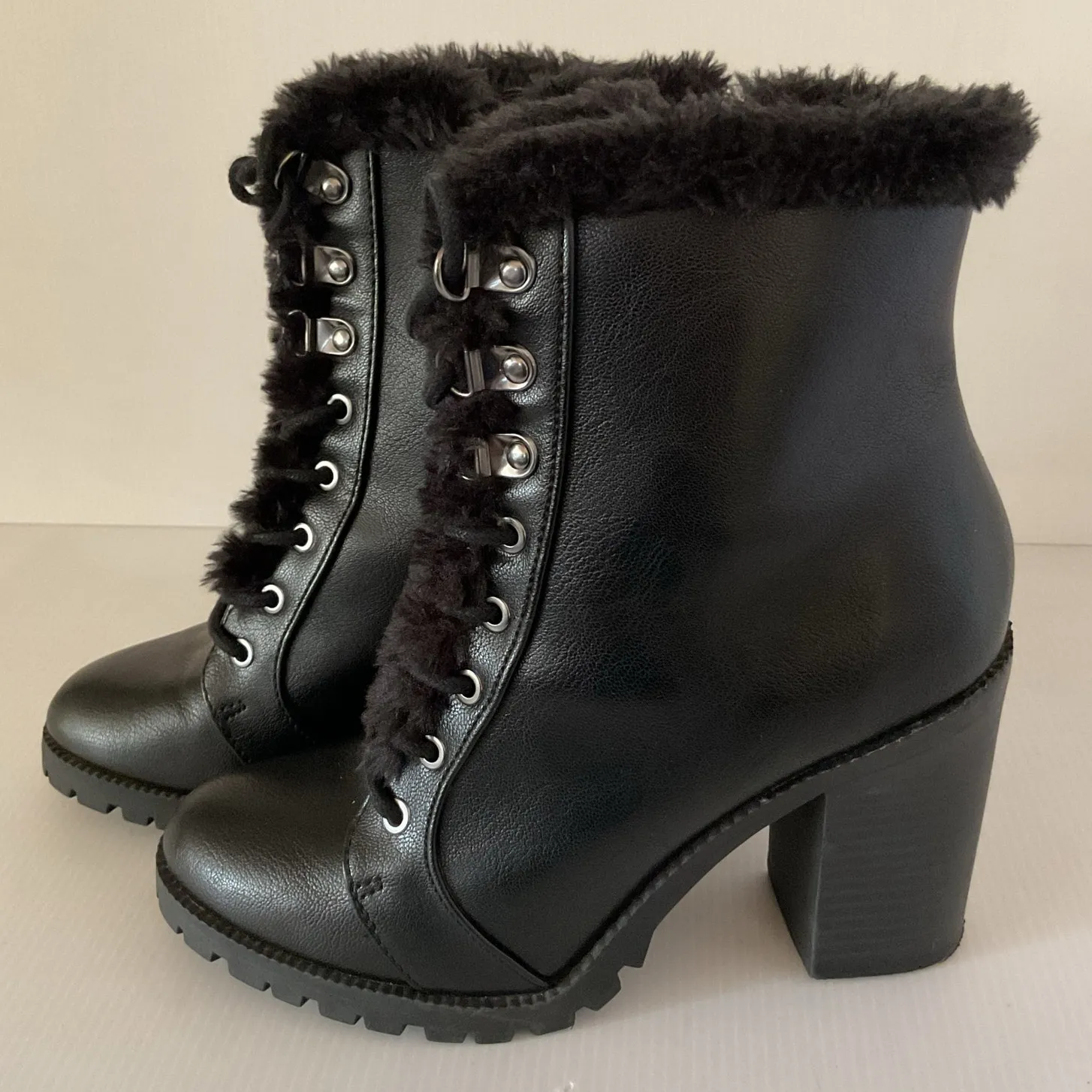 Express Faux Fur Trimmed Black Chunky Heeled Combat Platform Boots Sz 7 - Image 2