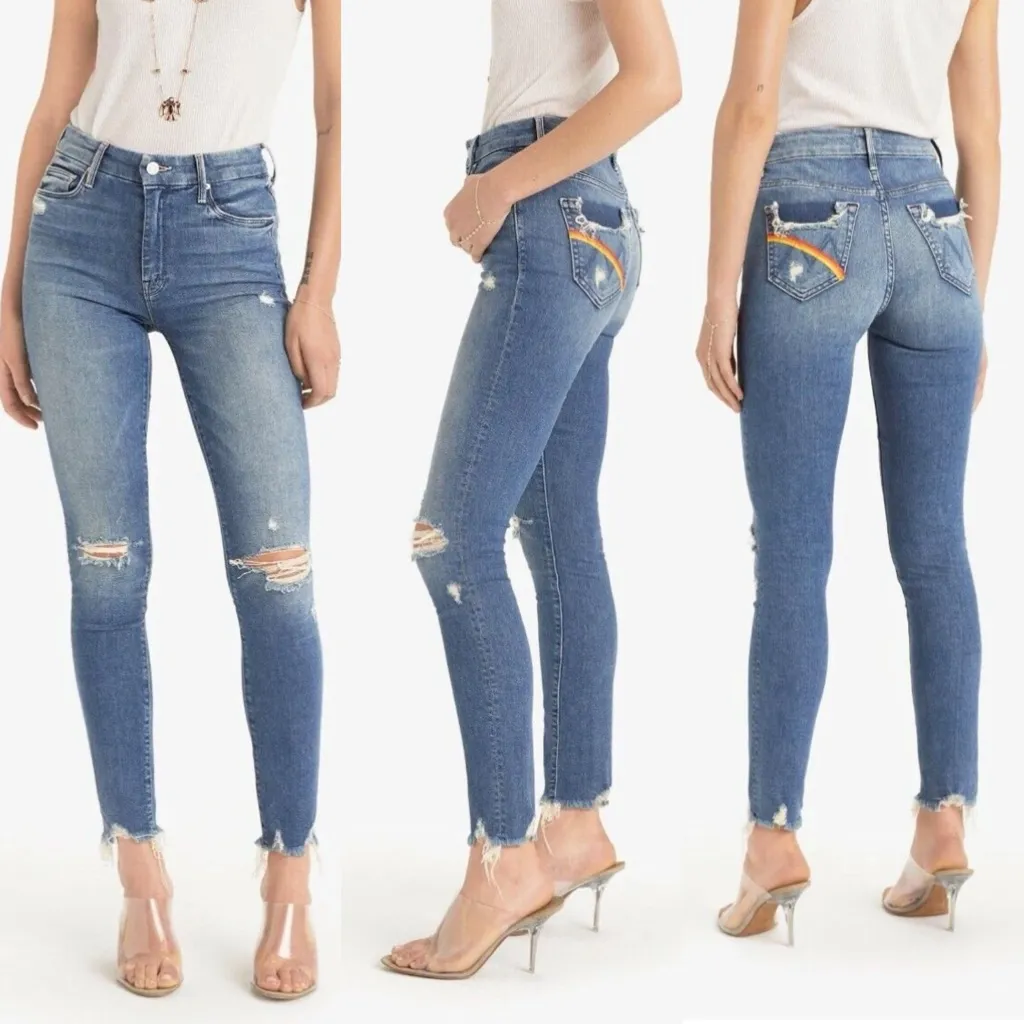 MOTHER High Waisted Looker Ankle Chew Learning To Hula Rainbow Pocket Jeans Blue Size 26 - Image 14
