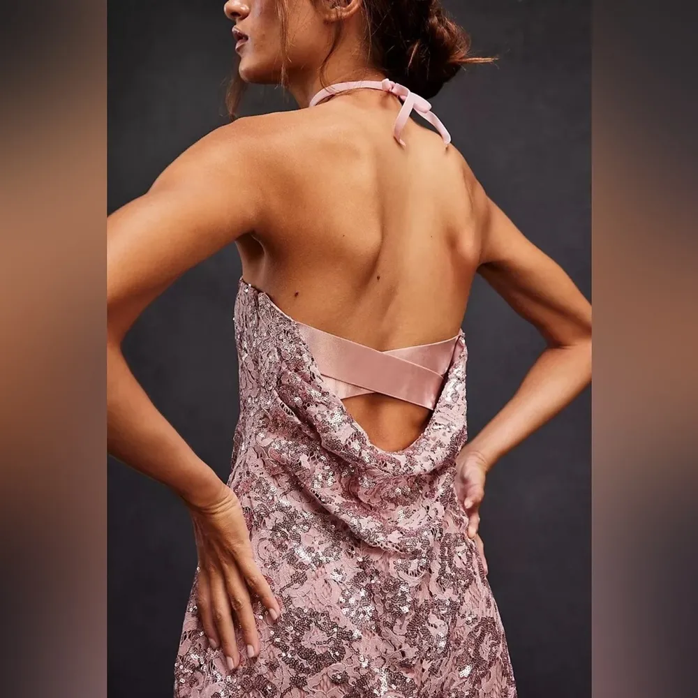 Night Gaze Mini Sequin Fit & Flare Dress Blush Pink large - NWOT - Image 2