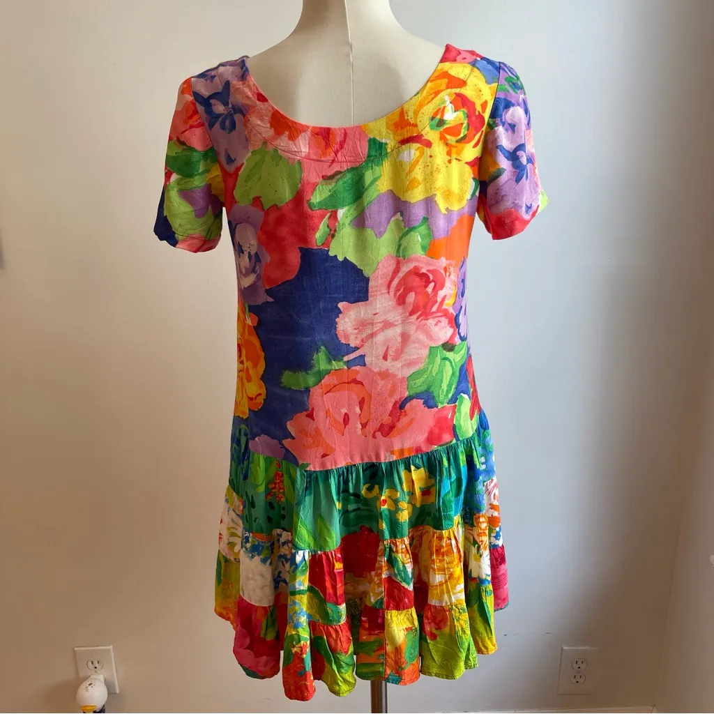 Jams World Rose Fusion Hattie Dress Hawaiian Floral Tiered Summer Vacation XS - Image 5