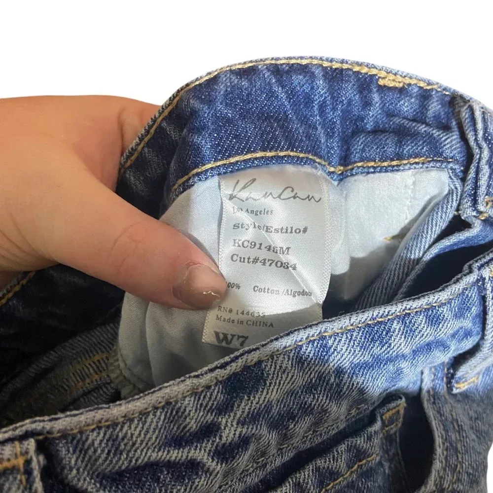 KANCAN DISTRESSED RAW HEM HIGH WAIST DENIM‎ SHORTS SIZE 27 Blue - Image 8