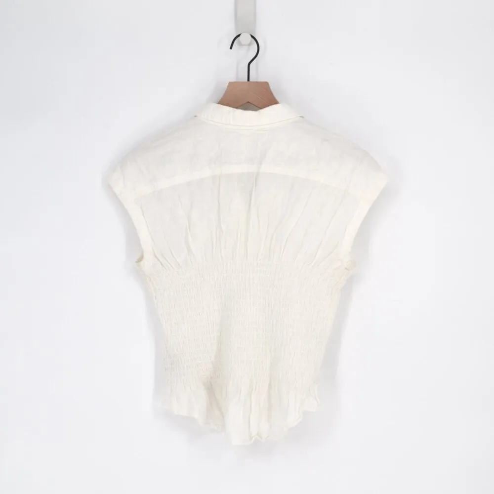 Maeve Anthropologie Bellamy Button Down Smocked Shirt Cotton Linen in White XS - Image 6