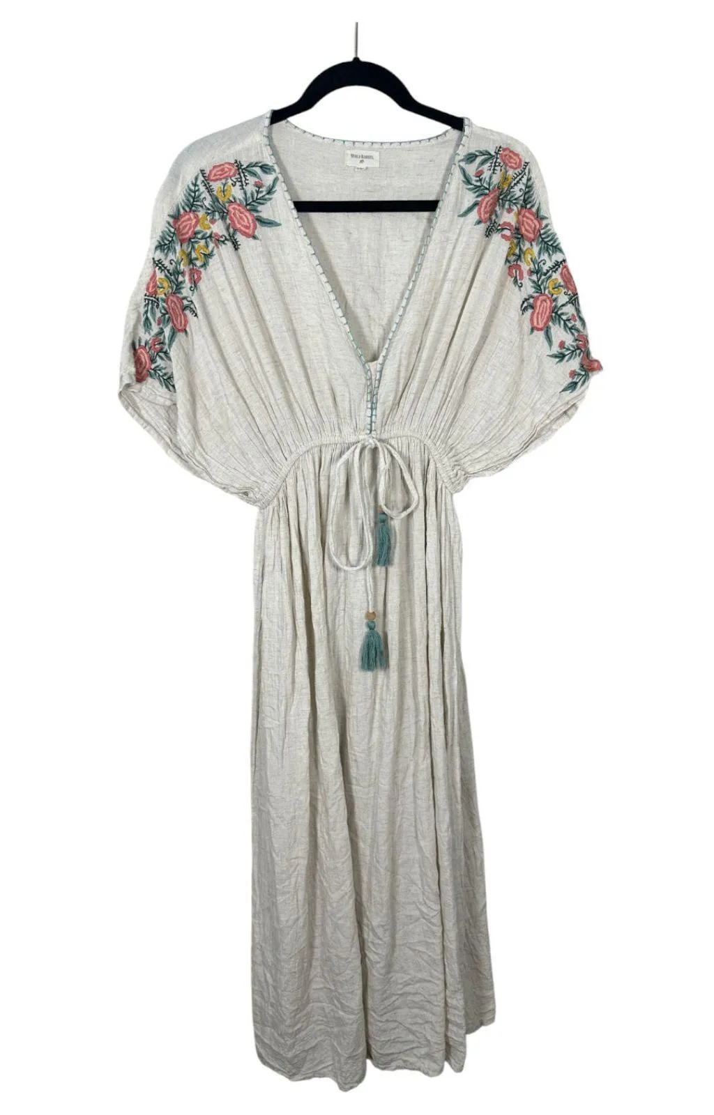 World Market Mira Ivory Floral Embroidered Kaftan Dress Flowy Boho Small Medium - Image 3