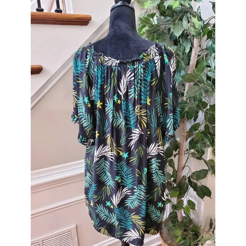 Terra & Sky Black Green Rayon Round Neck Short Sleeve Button Down Shirt Size 2X - Image 6