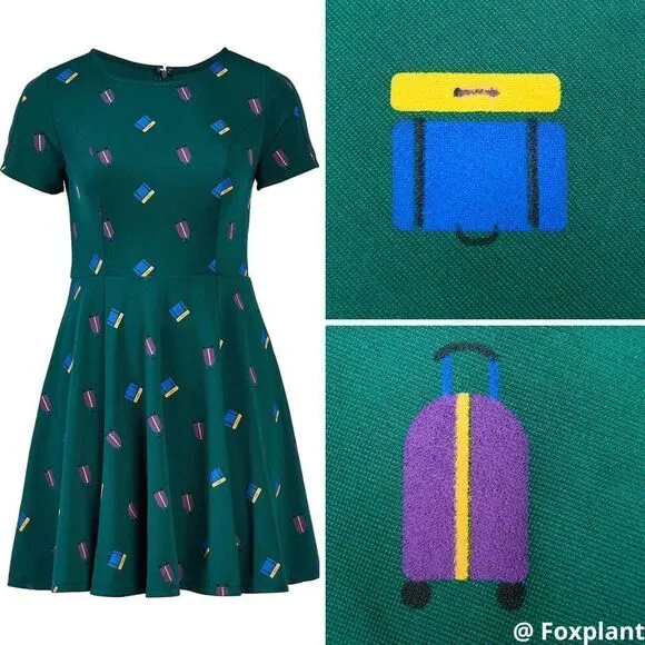 Unique Vintage Gwynnie Bee Luggage Print Emerald Dress, 0X‎ - Image 2