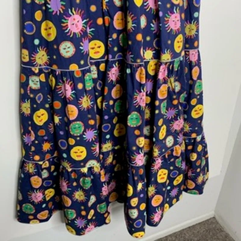 Celia B Atlas Dress Midi Navy Multi Womens New Size Medium Summer Belted Blue - Image 5