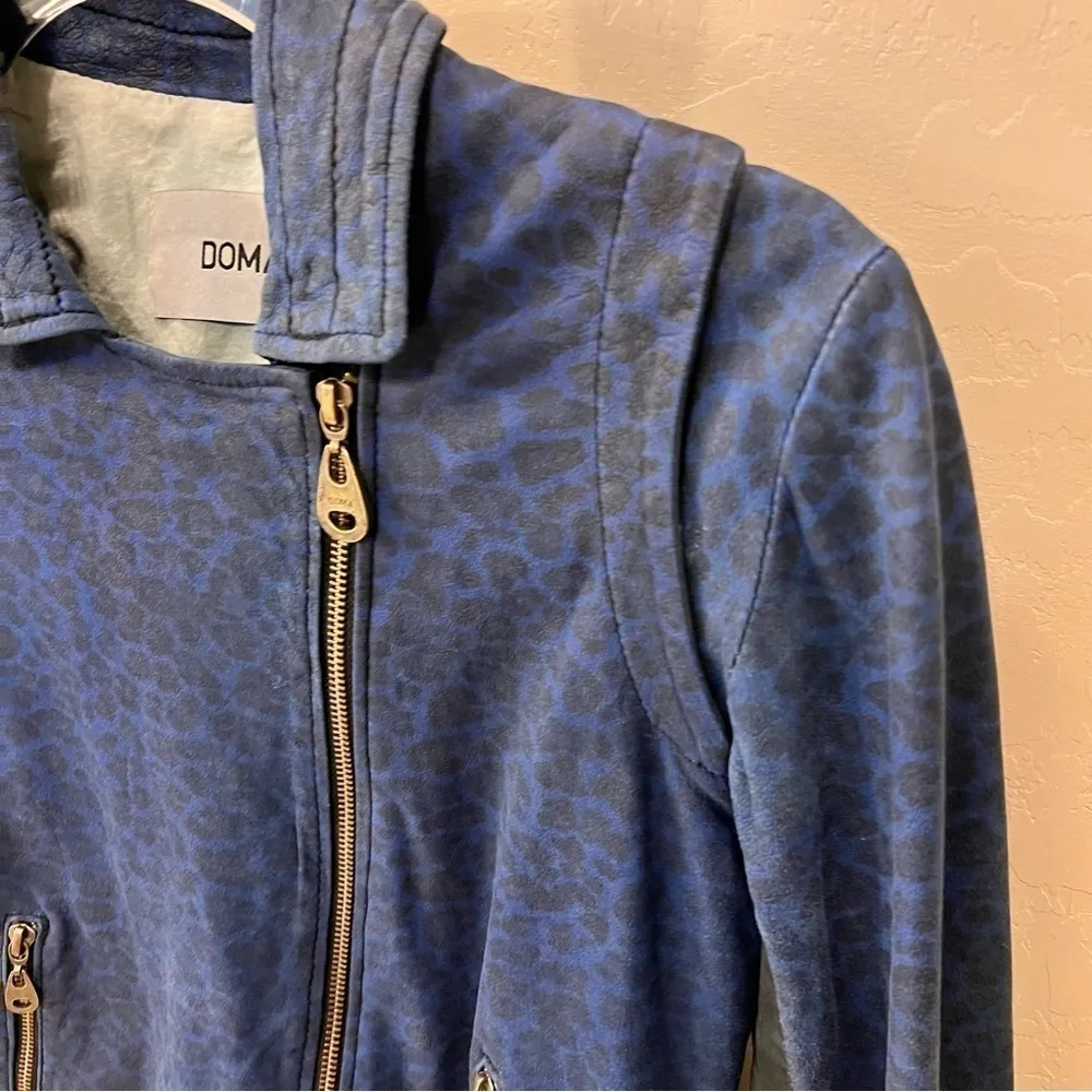Doma Leather OOAK reworked moto Jacket, blu with animal print and back graphic S Black - Image 4