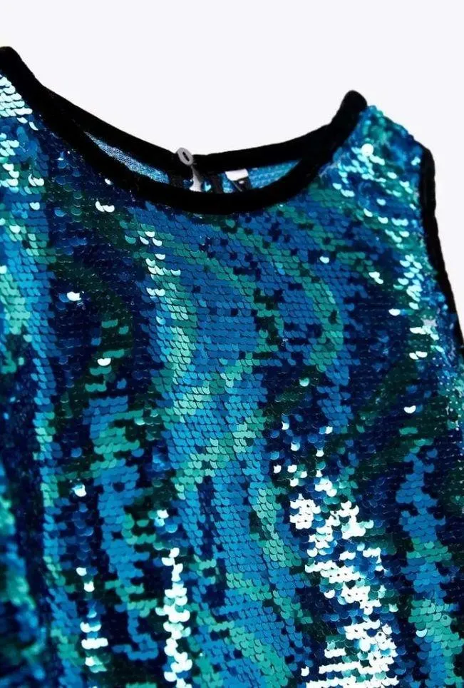 New Zara 9341/103 Top Sequined Shirt Blue Green Abstract Swirl Sequins NWT - Image 6