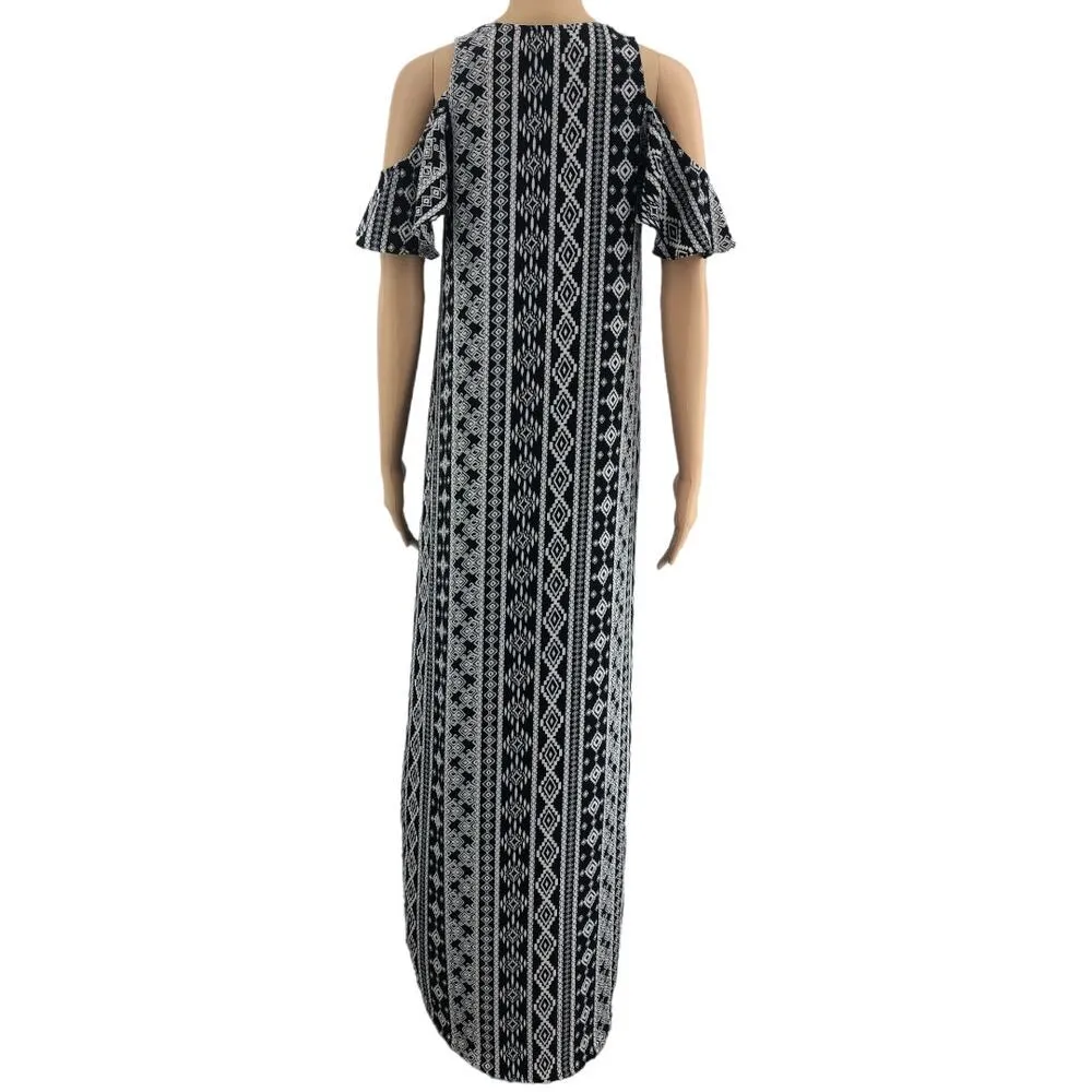 Bar III SMALL Black Cold Shoulder Southwestern Sheath Long Maxi Dress - Image 4