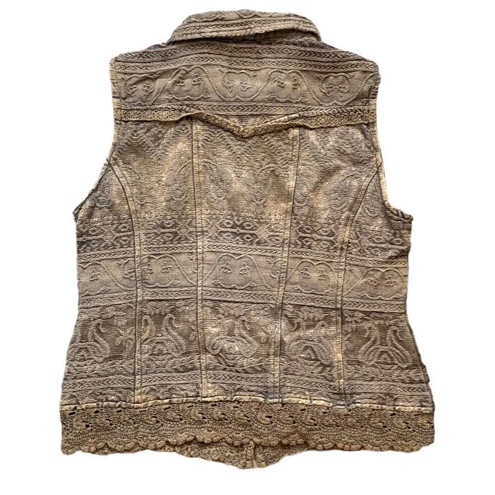 Vintage Flashback Vest Metallic Brown Floral Detail Lace Embroidered High Neck Brown Size M - Image 3