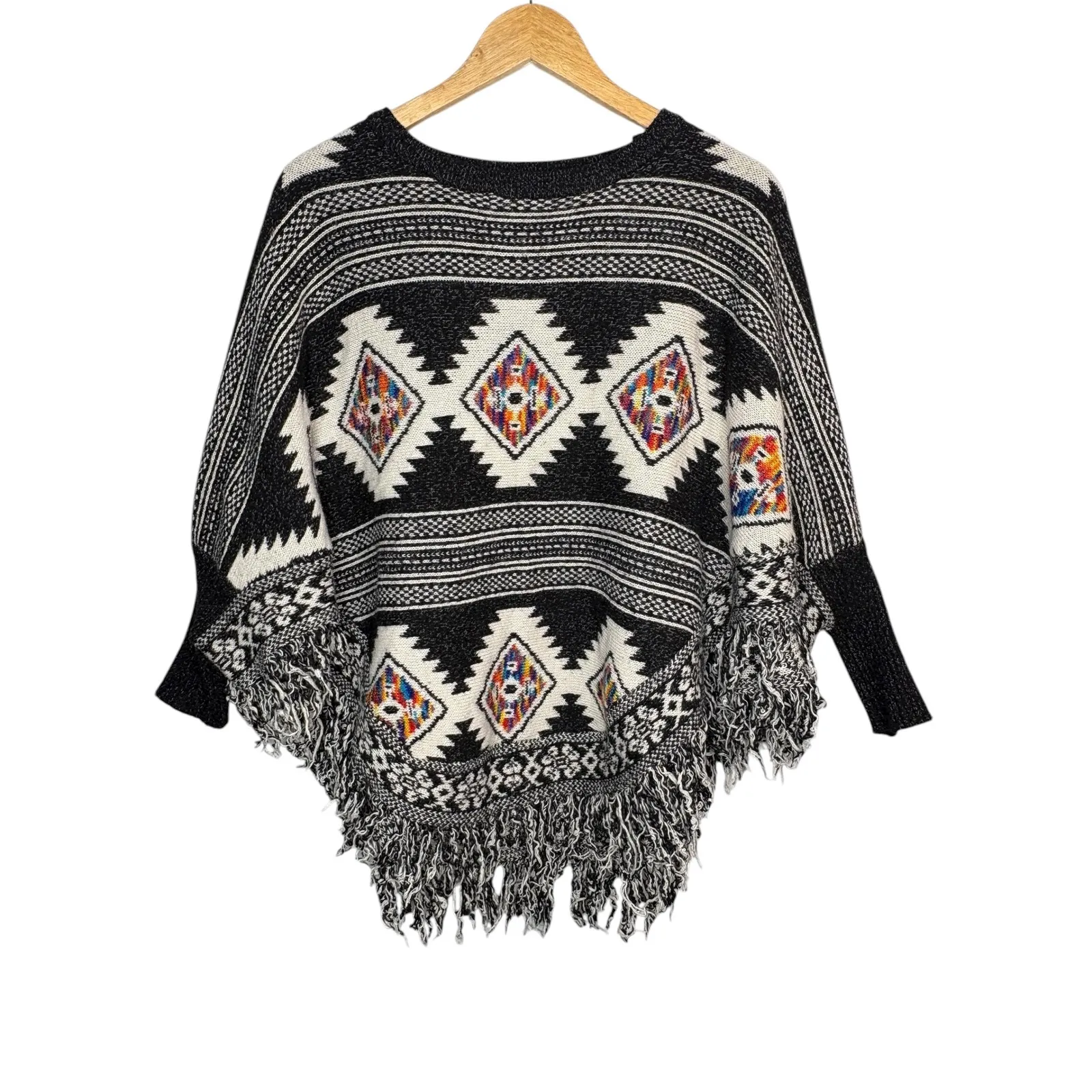 ZA Aztec Tribal Fringe Poncho Sweater Knit Black White Rainbow Boho One Size Size undefined - Image 2