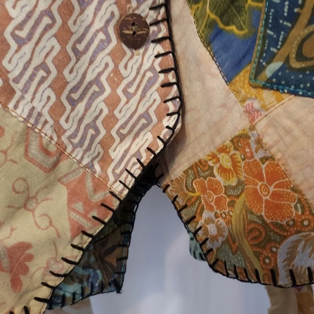 Vintage We Be Bop Patchwork Stitch Button Front Tie Back V - Image 4