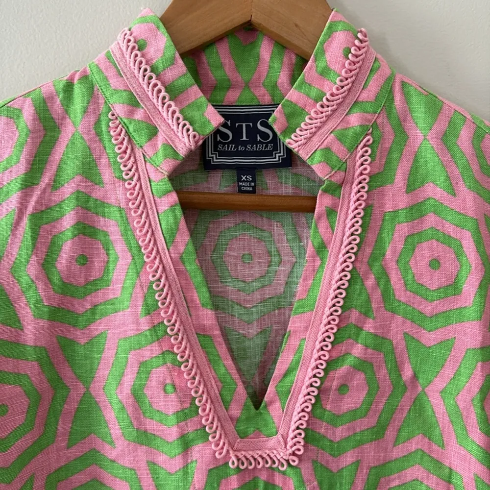 Sail to Sable 100% Linen V Neck Trim Embroidered Tunic Long Sleeve Pink Size XS - Image 1